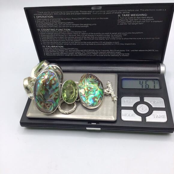 Sterling Silver Abalone Peridot Bracelet 925 Adjustable up to 8" - Picture 12 of 12